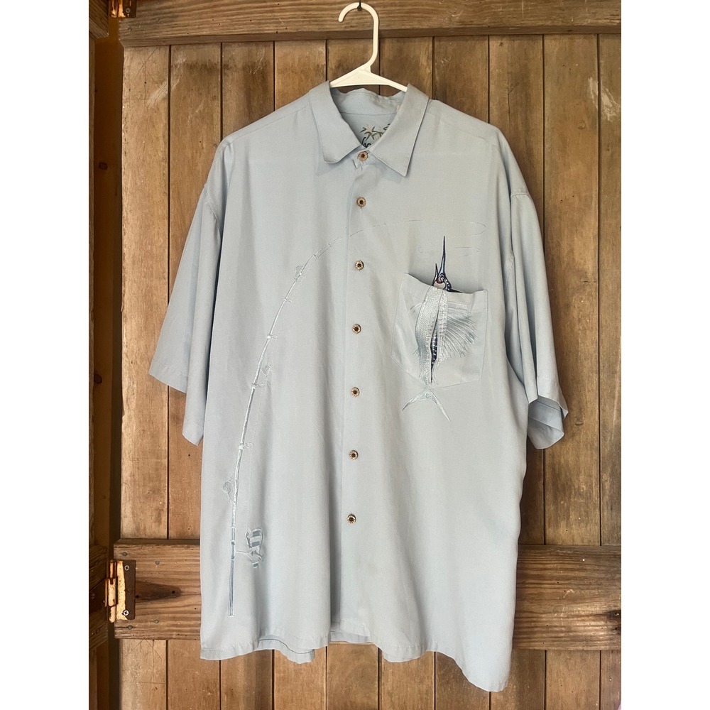 Bamboo Cay Mens XL Blue Marli Fishing Embroidered Short Sleeve Button Down Shirt